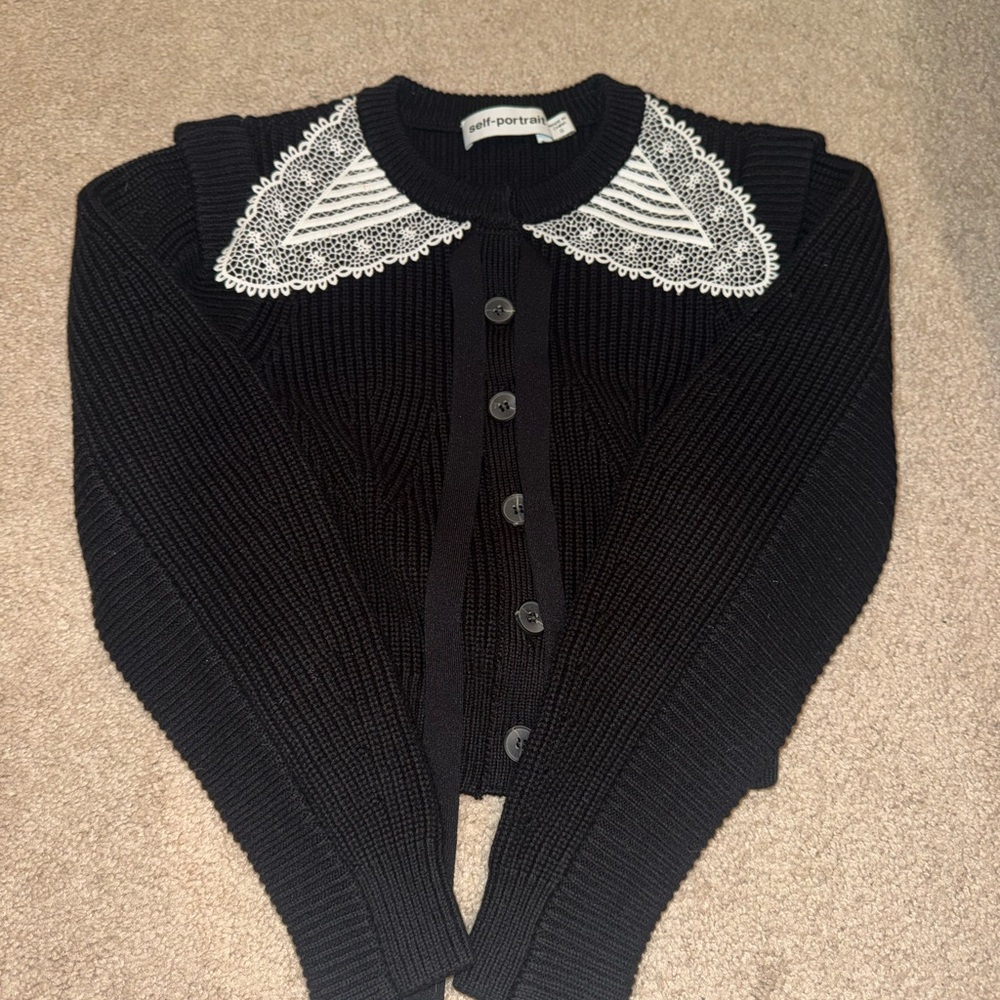 Self-Portrait Black Cardigan with White Lace Detail